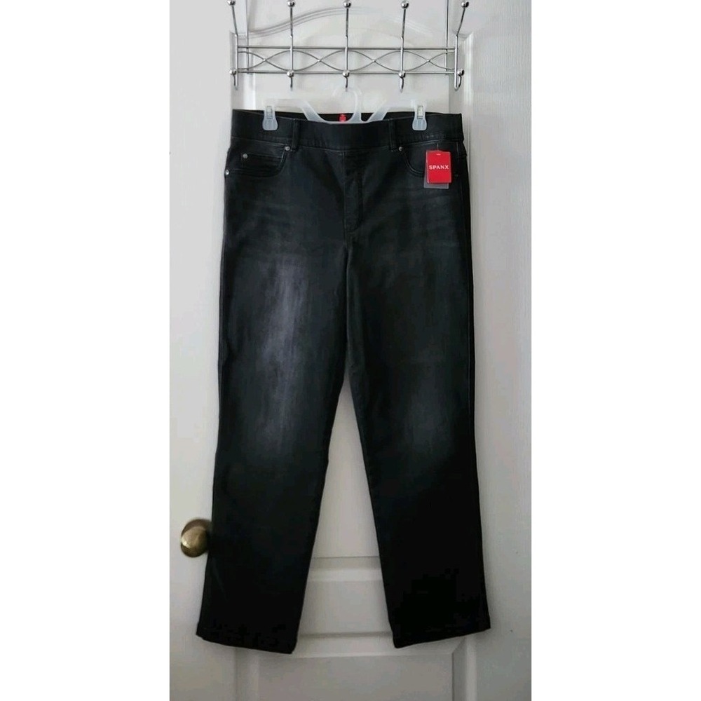 Spanx Women's Pull-on Black Straight Leg Denim Pants Stretch Pockets‎ Size XL